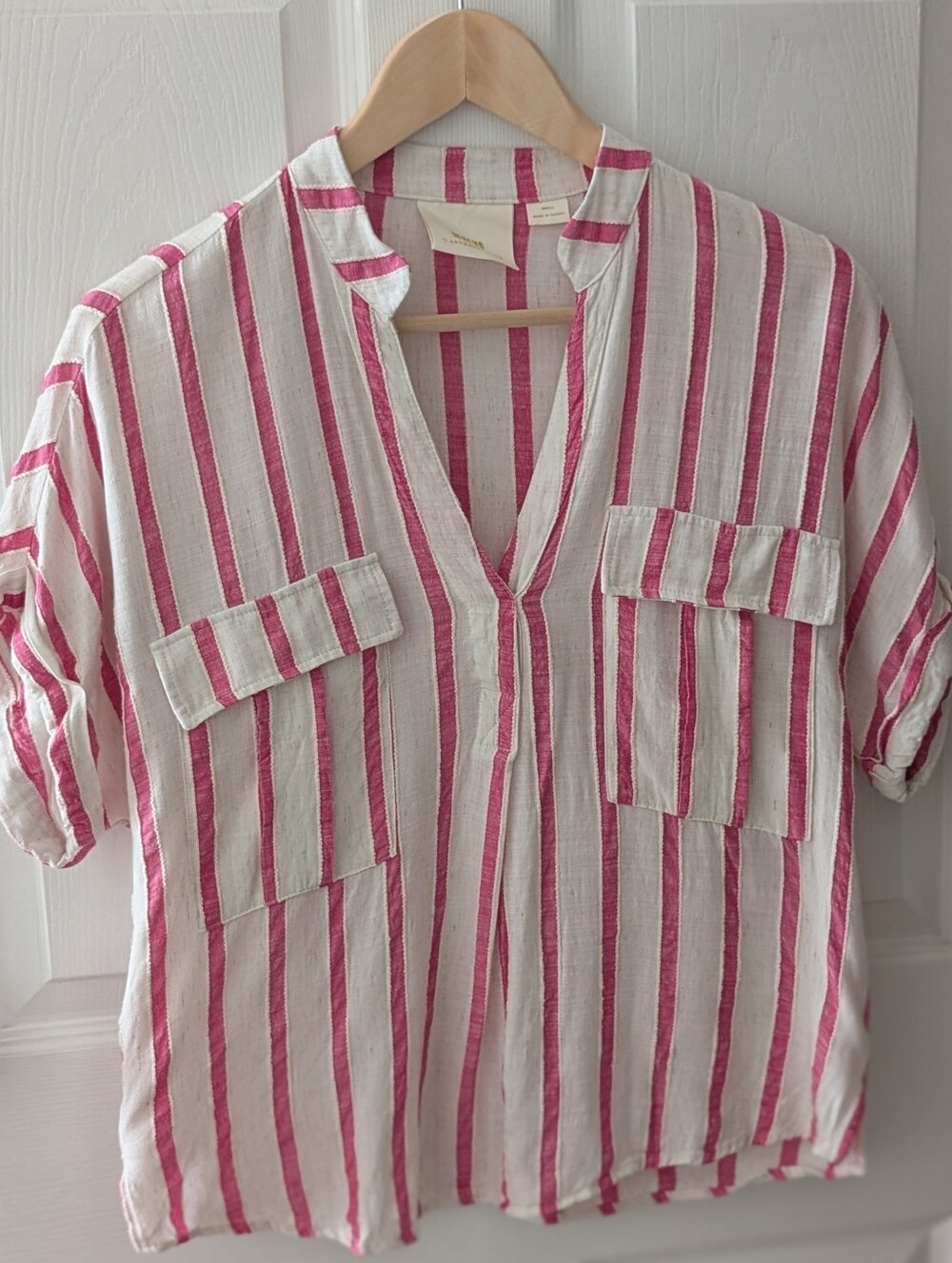Anthropologie Maeve Pink and White Striped Lightweight Top